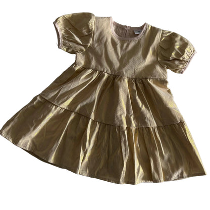 So Cute Age 1 short puff sleeve tiered party dress in gold, champagne with metallic shimmer, tiered skirt with gathered tiers — gently loved condition.