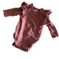 Seed Heritage Age 0000 long sleeve frill shoulder bodysuit in dusty pink with frill/ruffle detail at shoulders — gently loved condition.