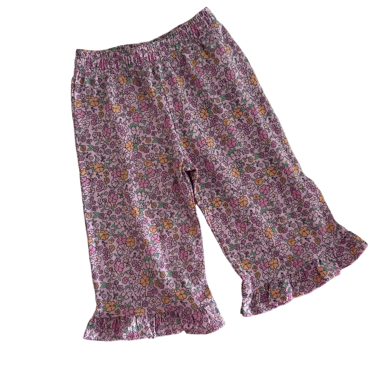 Kiabi Age 1 flared ruffle hem pants in pink, orange, green with ditsy floral print, ruffle hem cuffs — like new condition.
