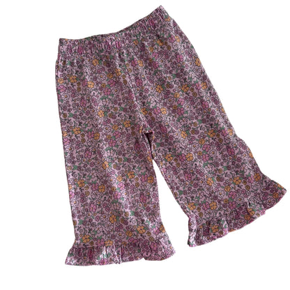 Kiabi Age 1 flared ruffle hem pants in pink, orange, green with ditsy floral print, ruffle hem cuffs — like new condition.