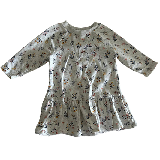 Target Age 1 long sleeve floral dress with ruffle hem in white/light grey with scattered botanical floral print with dark navy leaves, pink, red and yellow flowers — gently loved condition.
