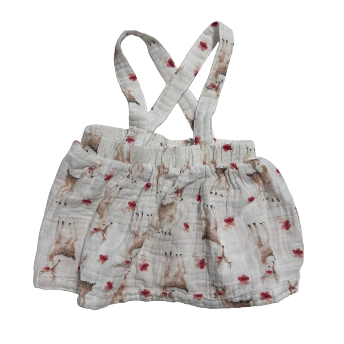 Baby Baby Age 00 sleeveless smocked sundress in white with brown and red with fawn/deer and red floral print, smocked bodice, crossover back straps — gently loved condition.