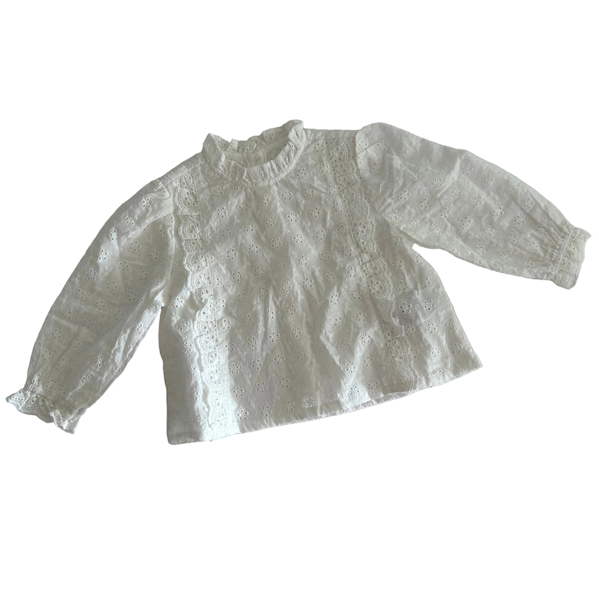 Vertbaudet Age 2 long sleeved broderie anglaise blouse in white with broderie anglaise floral eyelet embroidery with scalloped trim and ruffle collar and cuffs — like new condition.