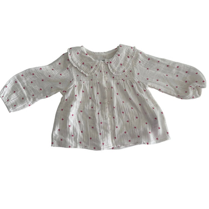 Vertbaudet Age 2 long sleeved button up blouse in white and pink with all-over small heart print, peter pan collar with frill, smocked chest — like new condition.