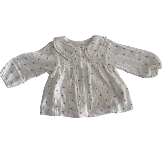 Vertbaudet Age 2 long sleeved button up blouse in white and pink with all-over small heart print, peter pan collar with frill, smocked chest — like new condition.