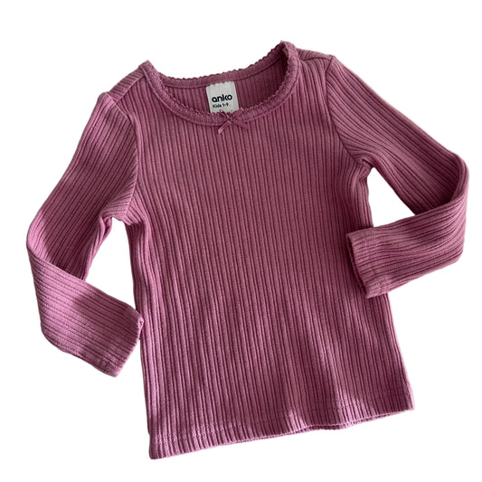 Anko Age 1 long sleeved ribbed top in pink with ribbed knit texture with lettuce edge neckline detail — like new condition.