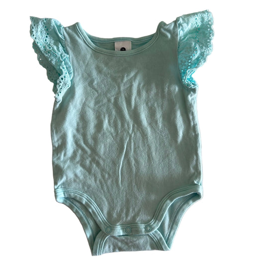 A mint green aqua blue baby bodysuit with ruffled lace flutter sleeves, laid flat on a pale background.