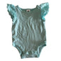 A mint green aqua blue baby bodysuit with ruffled lace flutter sleeves, laid flat on a pale background.