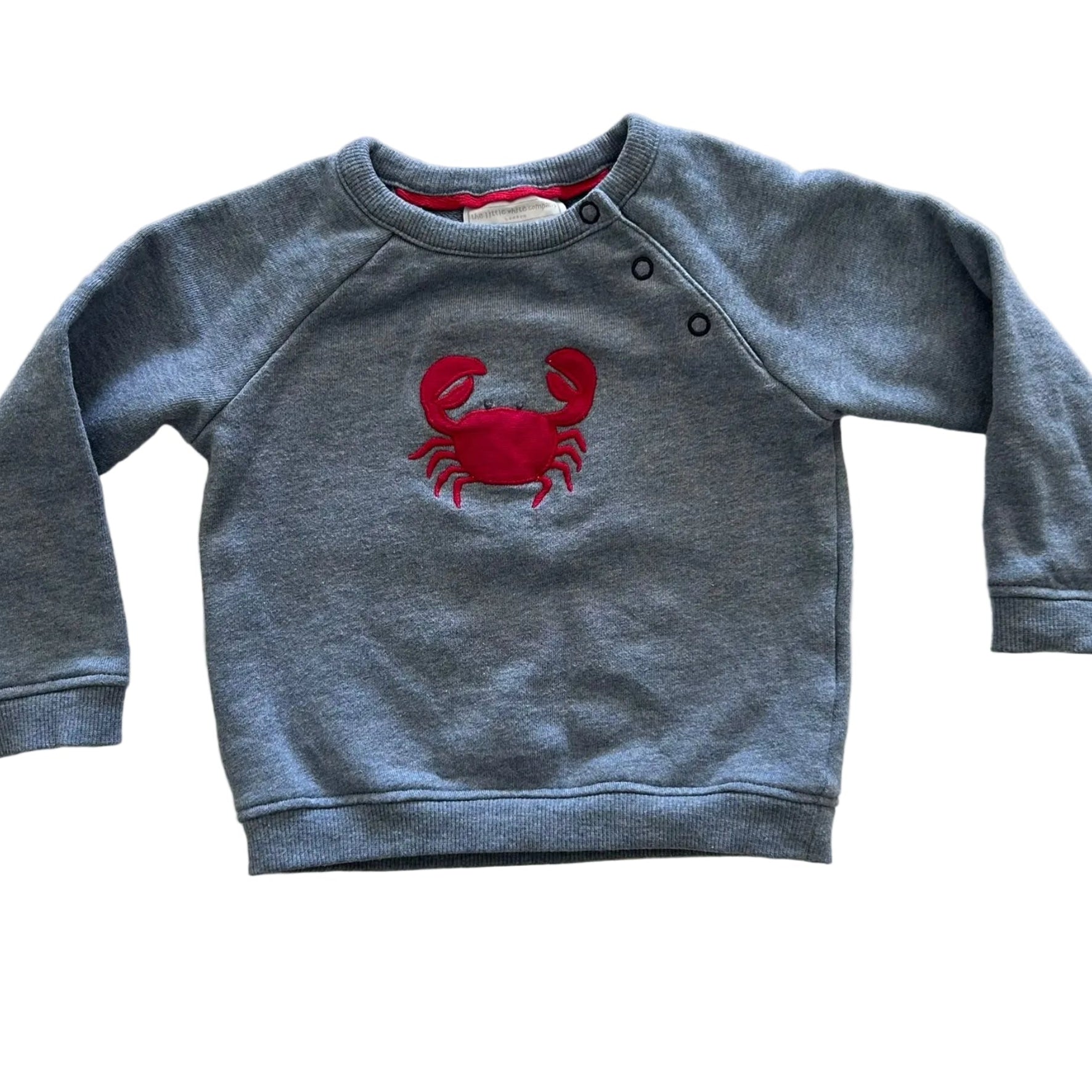Blue-grey sweatshirt with a red crab design on a light gray background