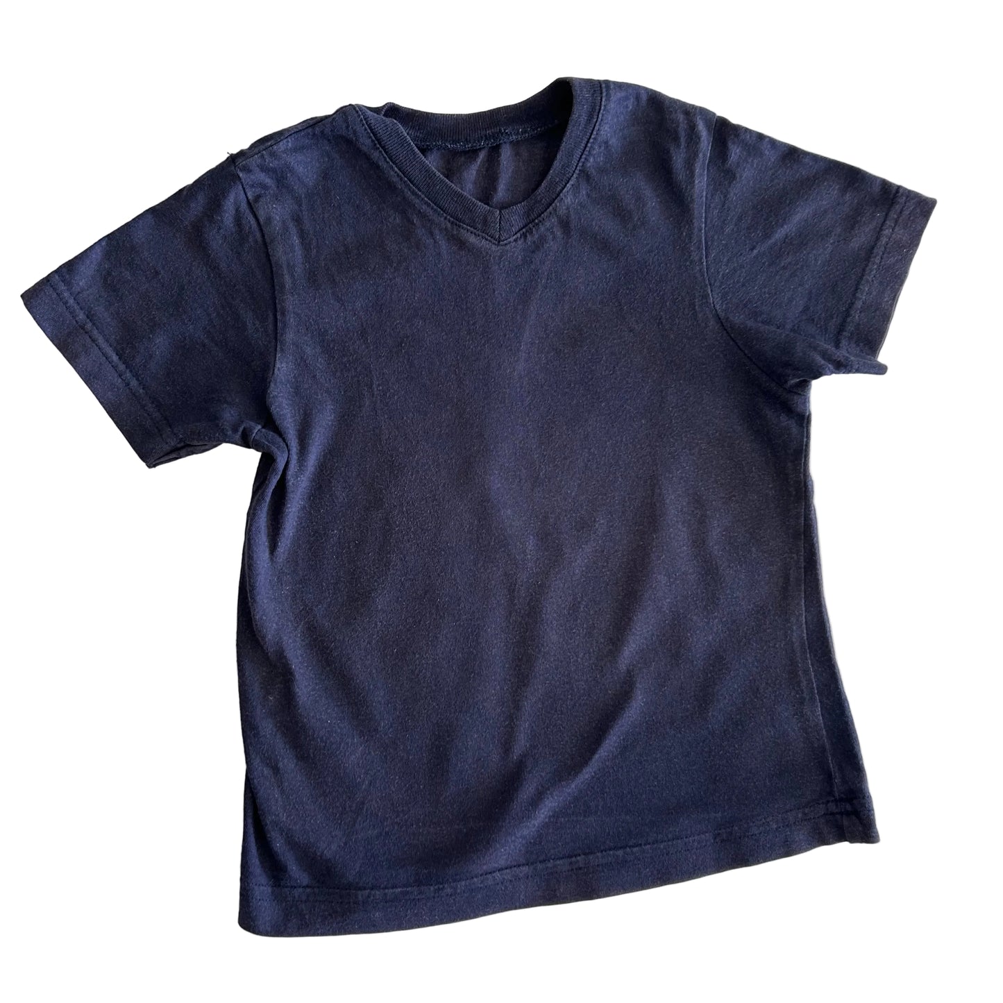Pre-loved navy blue v-neck t-shirt on a white background