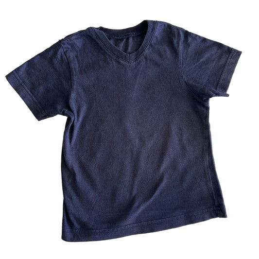 Pre-loved navy blue v-neck t-shirt on a white background