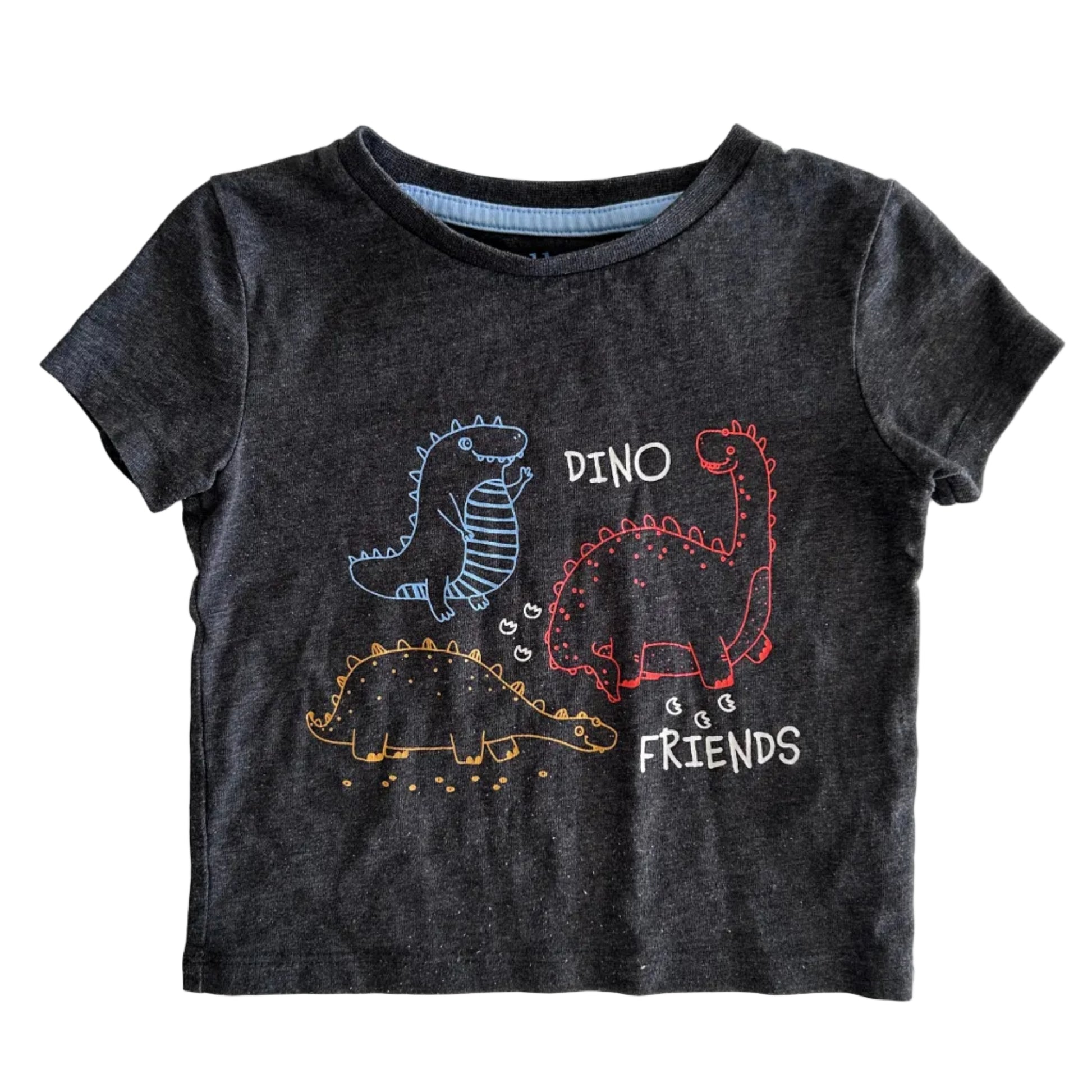 Dark gray t-shirt with colorful dinosaur designs on a white background