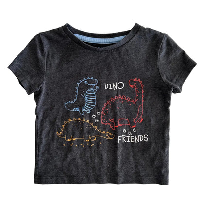 Dark gray t-shirt with colorful dinosaur designs on a white background