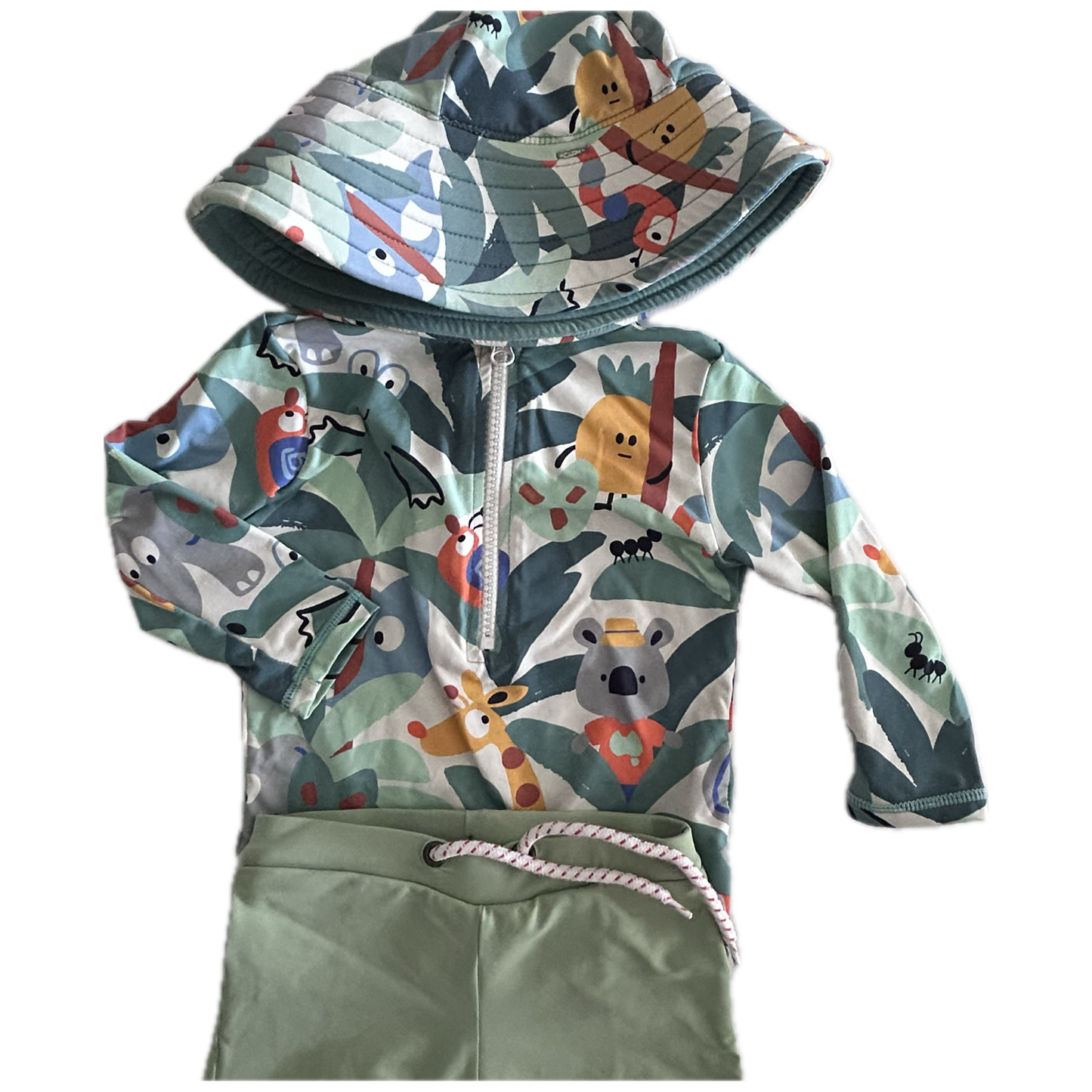Children's swimwear set with animal pattern on a white background
