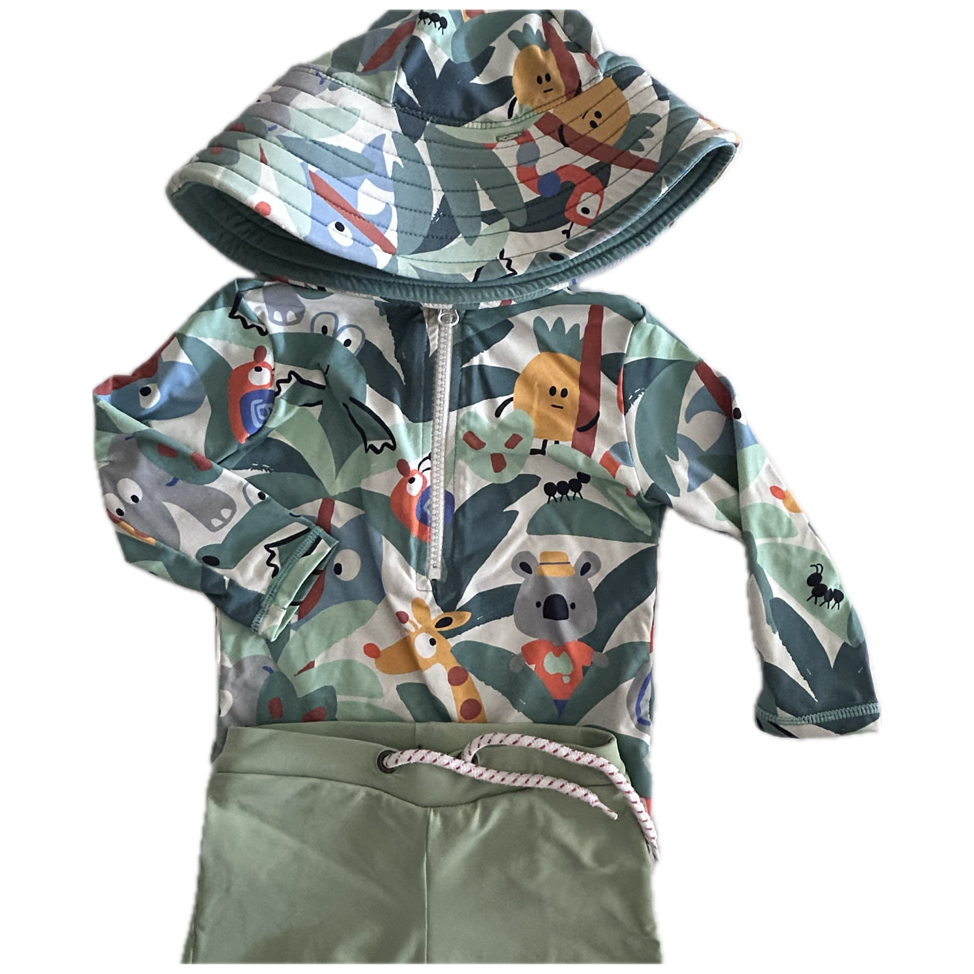 Children's swimwear set with animal pattern on a white background