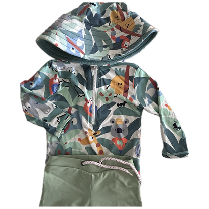Children's swimwear set with animal pattern on a white background