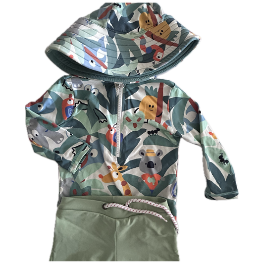 Children's swimwear set with animal pattern on a white background