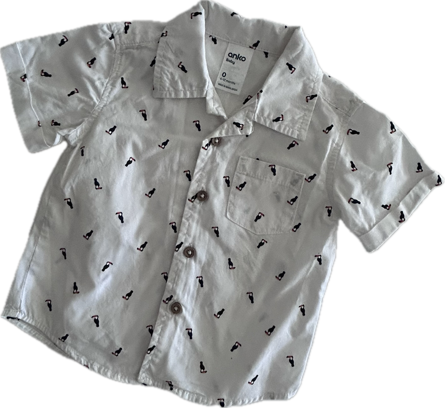 Anko Short Sleeved Shirt Baby Age 0 White with Toucans