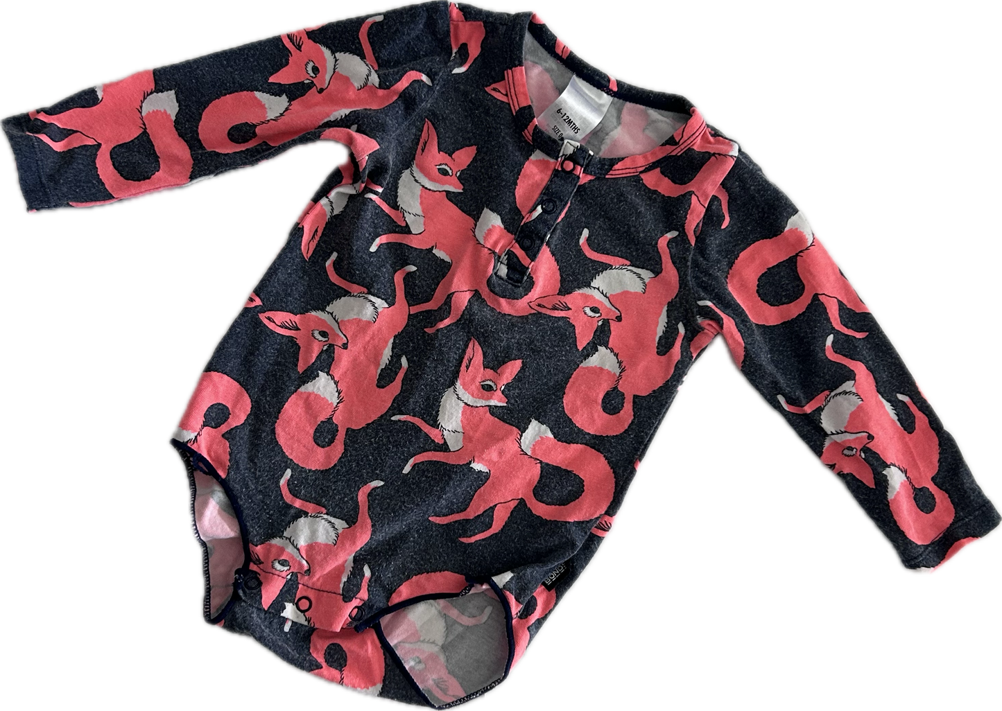 Bonds Long Sleeved Body Suit Baby Age 0 Grey with Neon Pink-Orange Foxes