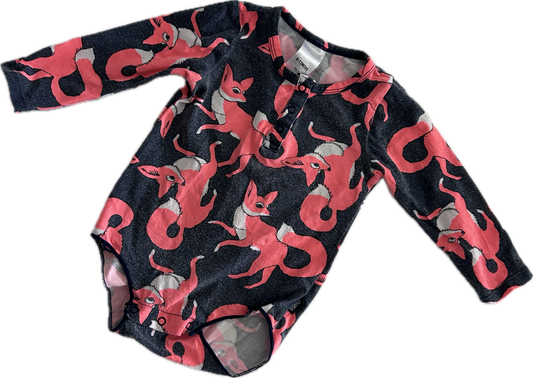 Bonds Long Sleeved Body Suit Baby Age 0 Grey with Neon Pink-Orange Foxes