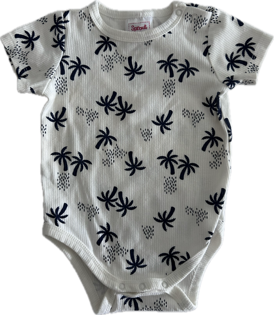 Sprout Sleeved Baby Bodysuit Size 0 White with Navy Blue Palm Trees