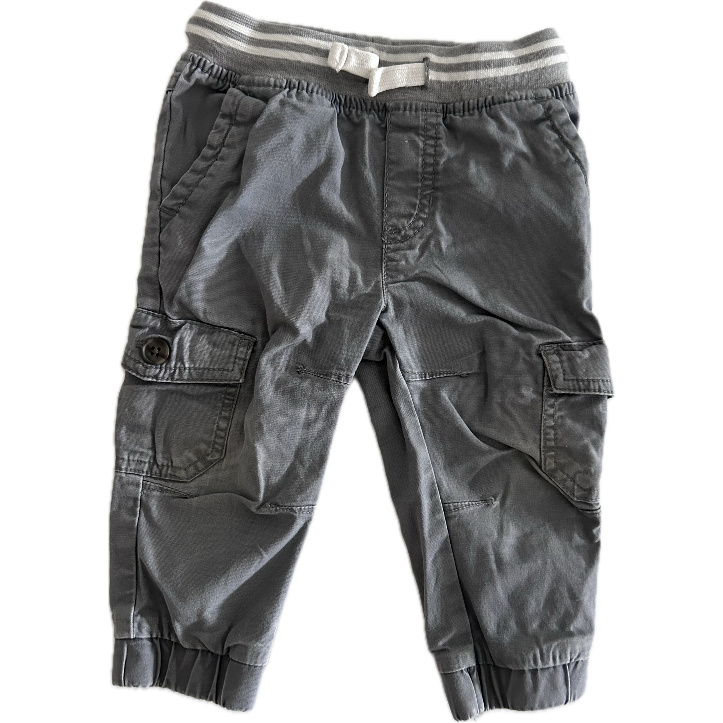Gray cargo trousers with a striped waistband on a white background