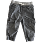 Gray cargo trousers with a striped waistband on a white background