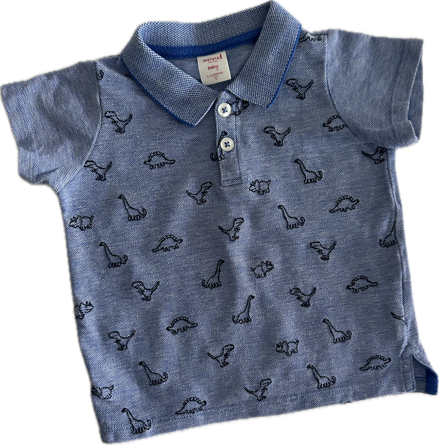 Seed Polo Shirt Baby Age 0 Blue with Dinosaur Stitched Print