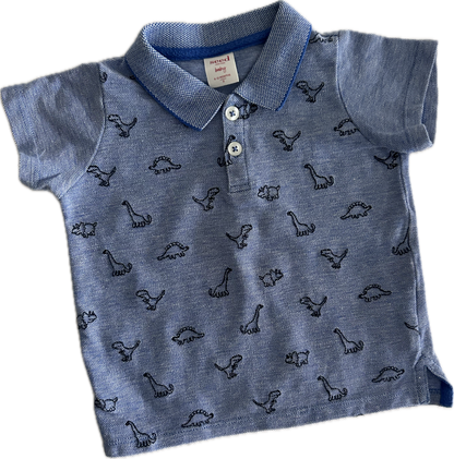 Seed Polo Shirt Baby Age 0 Blue with Dinosaur Stitched Print