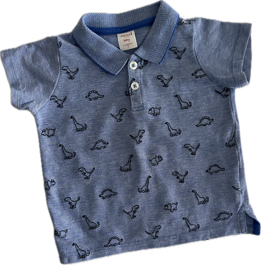 Seed Polo Shirt Baby Age 0 Blue with Dinosaur Stitched Print