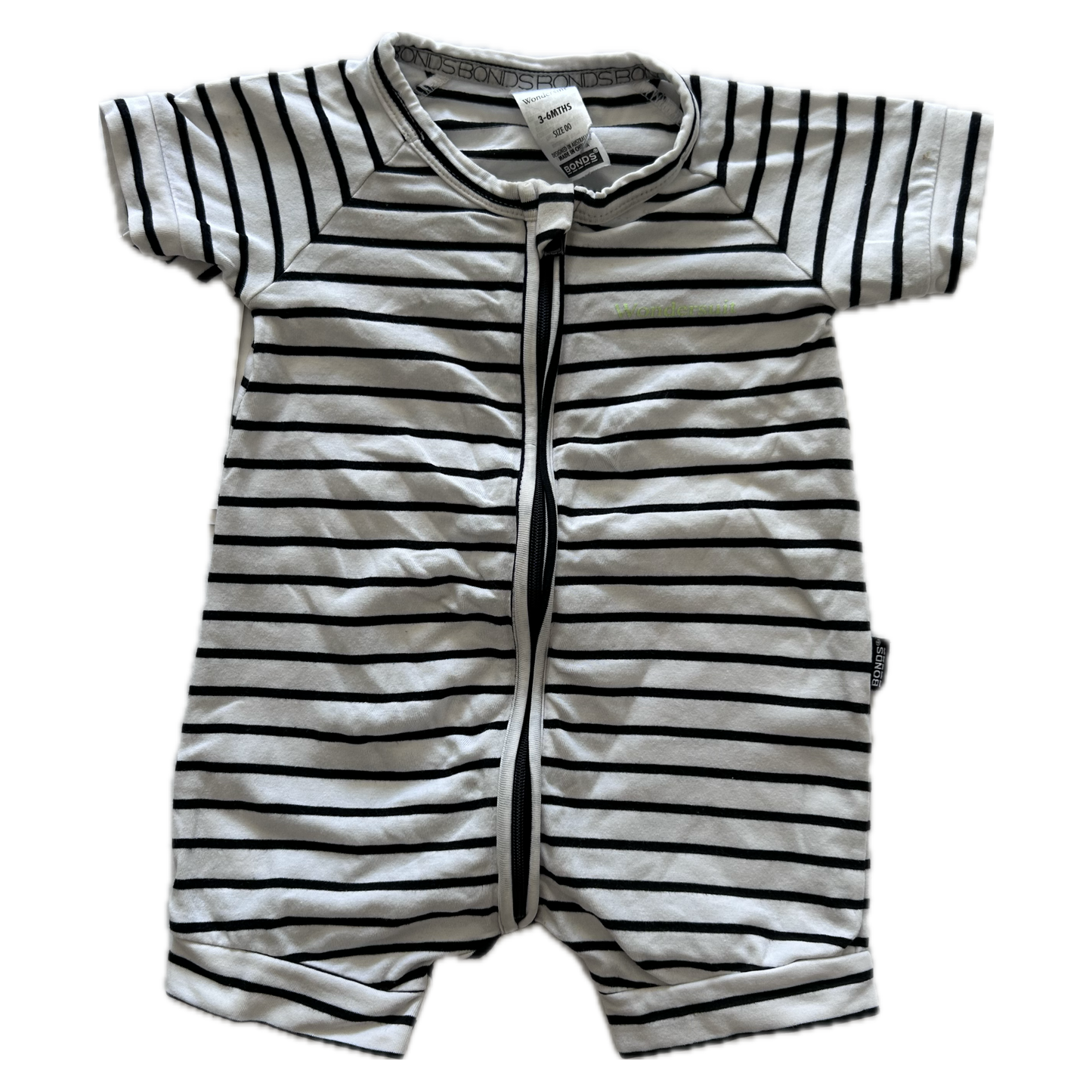 White and black stripey baby romper on pale backround