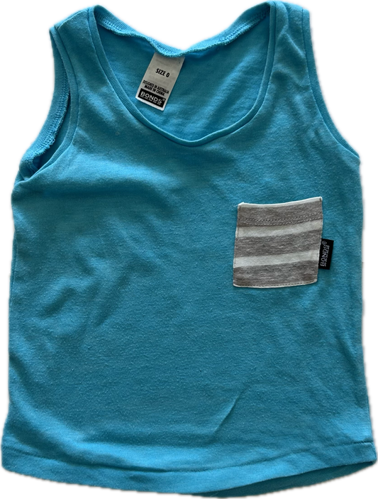 Bonds Vest / Singlet Baby Age 0 Blue with Stripey Pocket