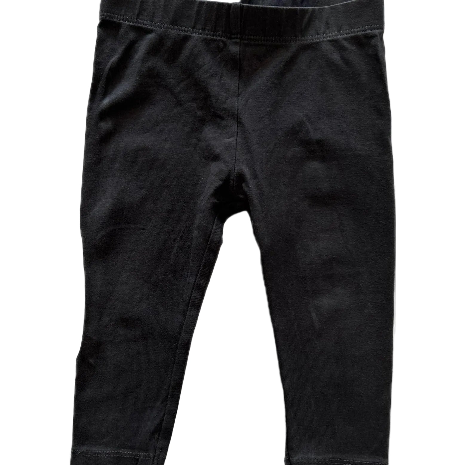 Black cotton leggings for toddlers, featuring an elastic waistband and ribbed ankle cuffs, shown flat against a white background