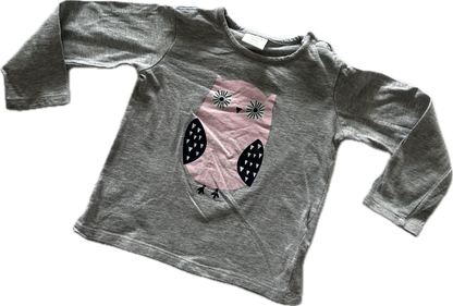 Seed Long Sleeved T-Shirt Age 1 Grey with Pink Owl