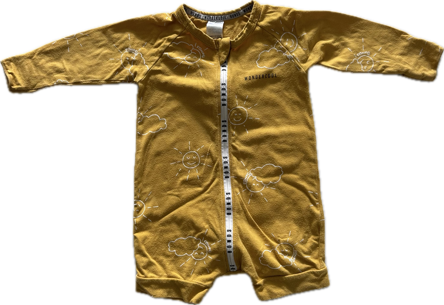 Bonds Zippy Long Sleeved Romper Baby Age 0 Yellow with Sunshine Pattern