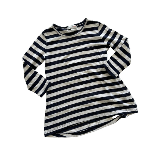 A long-sleeve striped tunic top with horizontal navy and off-white stripes, laid flat on a white background.