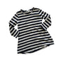 A long-sleeve striped tunic top with horizontal navy and off-white stripes, laid flat on a white background.