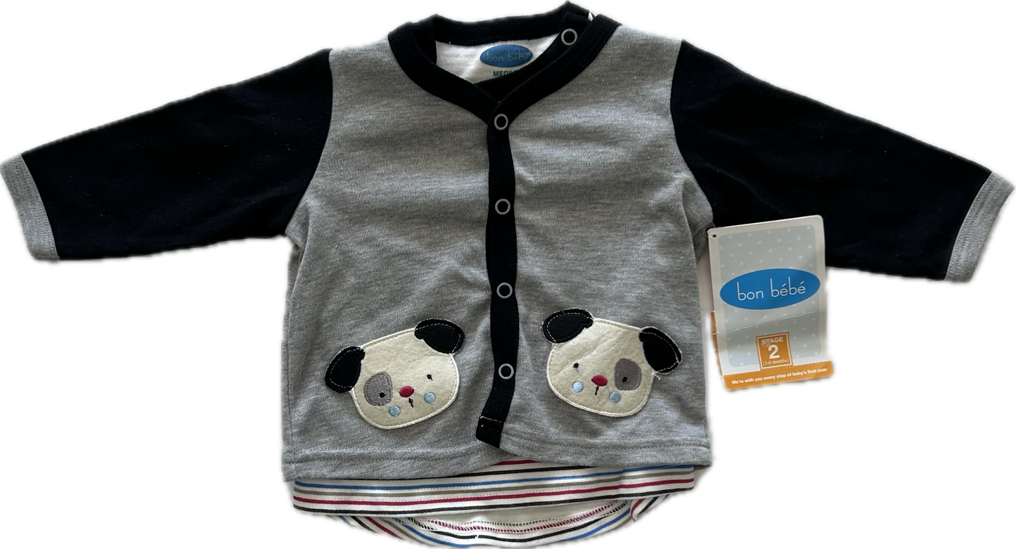 Bon Bebe Long Sleeved Shirt with Short Sleeved T-Shirt Set Age 00 Grey & Black