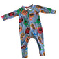 A baby's long-sleeve zip-up one-piece romper in light blue, featuring a colorful cartoon print of ladybugs, bees, flowers, and children, laid flat on a white background.