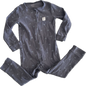 A button up onesie laid flat on a white background, featuring long sleeves, legs folder upwards, purple grey colour and stars and crescent moon pattern.