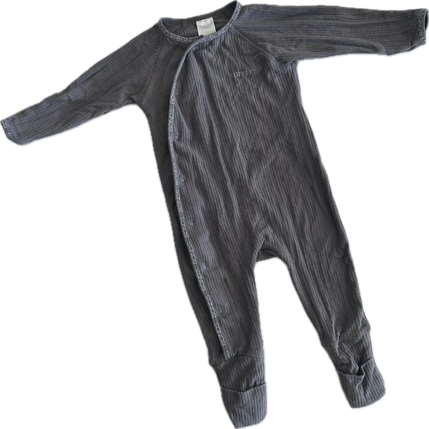 A dark gray ribbed baby romper with long sleeves and footed legs, laid flat on a white background.