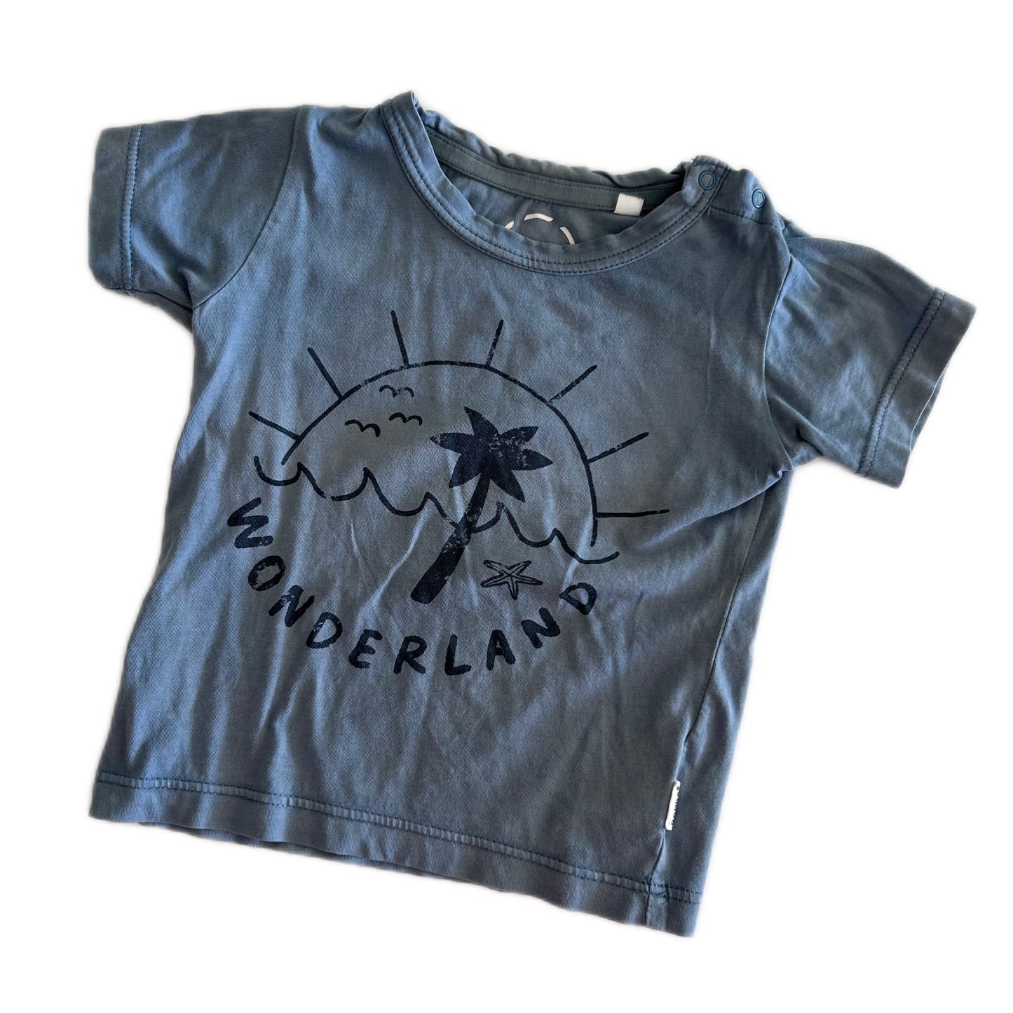 Bonds Short Sleeved T-Shirt Baby Age 0 Blue with Sun, Sea, Palm Tree
