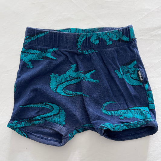 A pair of toddler boy's shorts in navy blue with a teal alligator print, laid flat on a white fabric background.