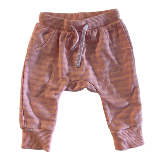 Target Age 000 trousers / harem jogger pants in peach & pink with horizontal stripes with glitter drawstring — gently loved condition.