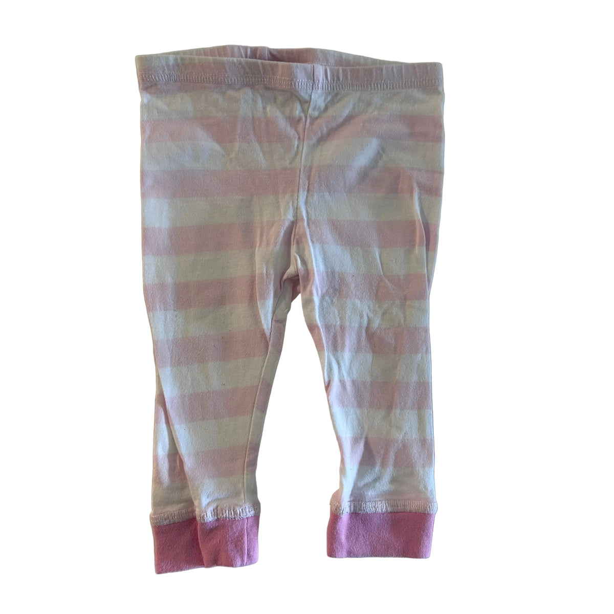Sprout Age 00 trousers / leggings in pink and white with horizontal stripes, solid pink cuffs.