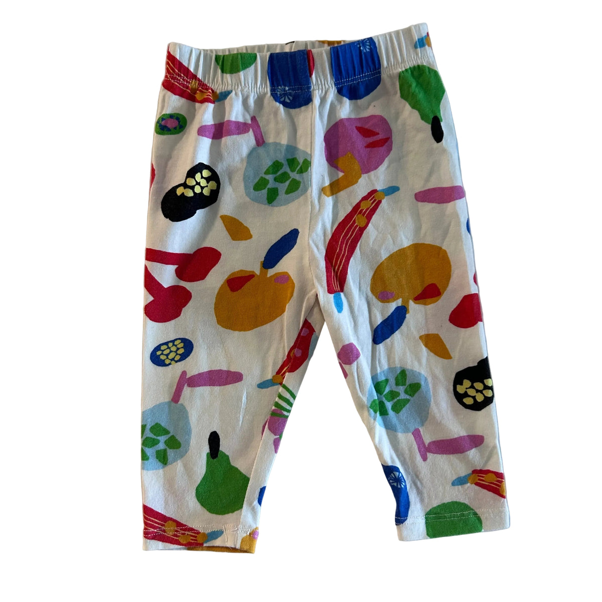 Gorman Playground Age 000 trousers / leggings in white with multicolour print with all-over abstract fruit and food scatter print in red, blue, green, yellow, orange, pink and black â€” like new condition.