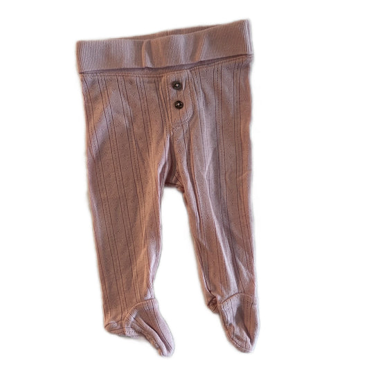 A pair of infant footed leggings in a dusty mauve-brown ribbed knit fabric, featuring a buttoned waistband with two dark buttons.