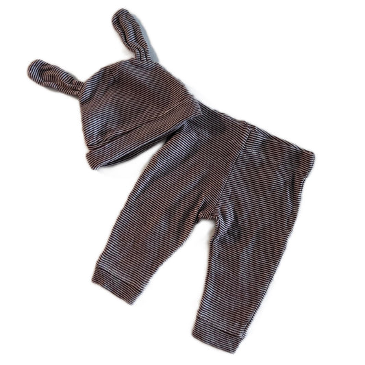 Anko Age 000 trousers in dark mauve/brown and white with fine horizontal stripes, knotted bunny ear beanie set â€” gently loved condition.