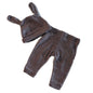 Anko Age 000 trousers in dark mauve/brown and white with fine horizontal stripes, knotted bunny ear beanie set â€” gently loved condition.