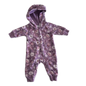 Anko Age 000 hooded zip-up baby onesie with long sleeves and cuffed ankles in purple with floral print with flowers and leaves in white, pink and dark burgundy â€” like new condition.